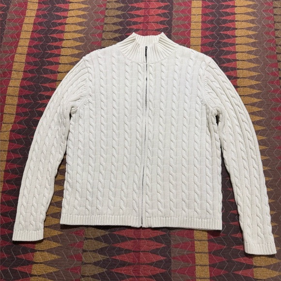 LL Bean Women's XL/P Cotton Cream Cable Knit Sweater Full Zip Cardigan - Picture 9 of 10